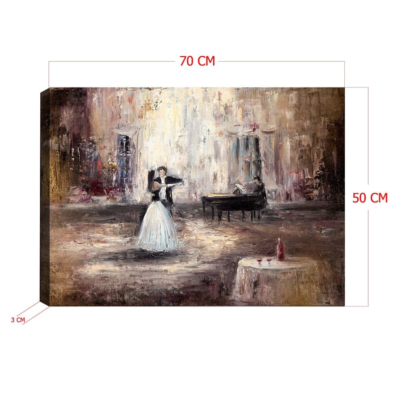 Lærred 70x100 cm - Elegant dansende kvinde i hvid kjole foran et klaver i romantiske omgivelser - Hvid / Brun / Grå - Boligtilbehør - Billeder & kunst - Billeder på lærred