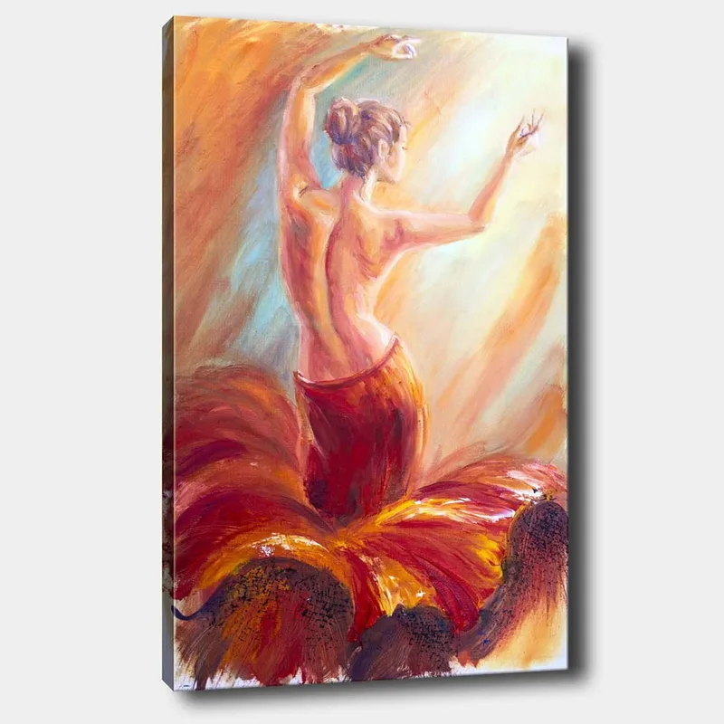 Lærred 70x100 cm - Elegant danser i en rød kjole, der indfanger bevægelsen og følelsen af dans, Rød / Orange / Beige