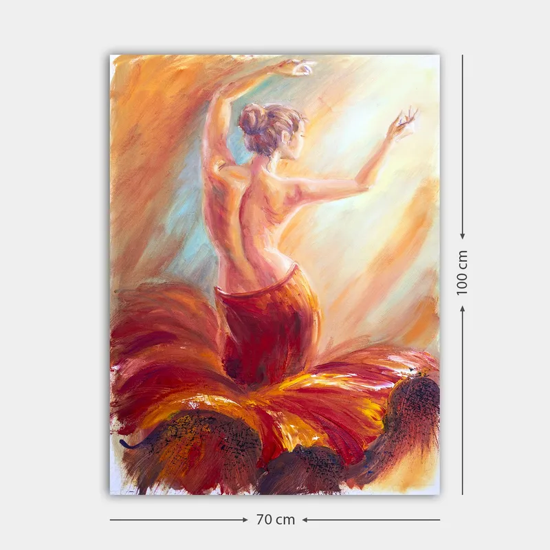 Lærred 70x100 cm - Elegant danser i en rød kjole, der indfanger bevægelsen og følelsen af dans - Rød / Orange / Beige - Boligtilbehør - Billeder & kunst - Billeder på lærred