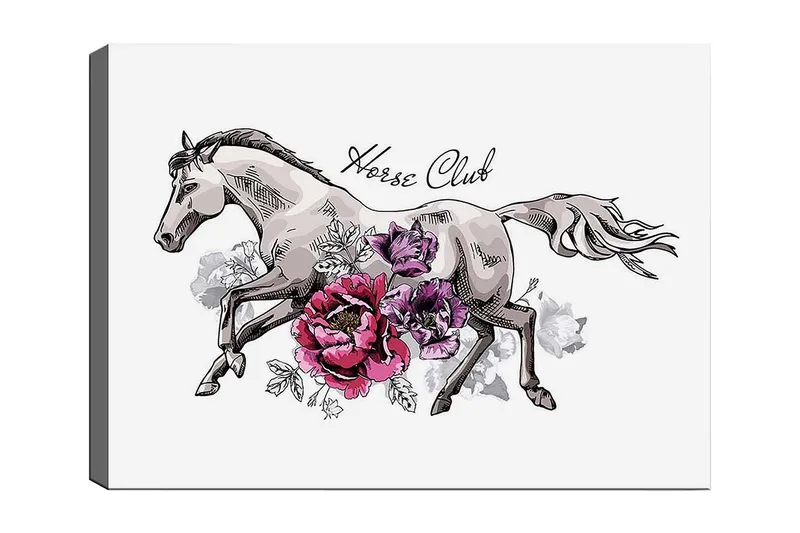Lærred 70x100 cm - Elegant hest løber fremad omgivet af farverige blomster, Grå / Lyserød / Lilla