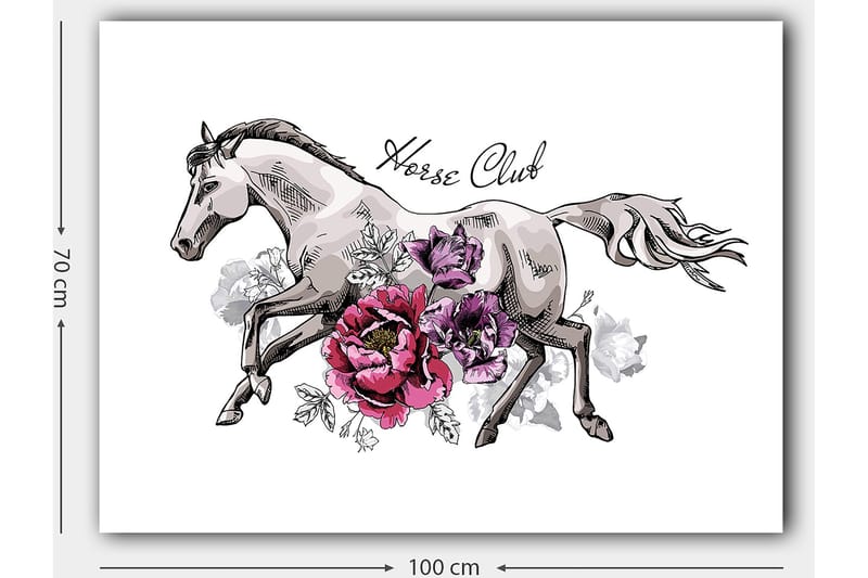 Lærred 70x100 cm - Elegant hest løber fremad omgivet af farverige blomster - Grå / Lyserød / Lilla - Boligtilbehør - Billeder & kunst - Billeder på lærred