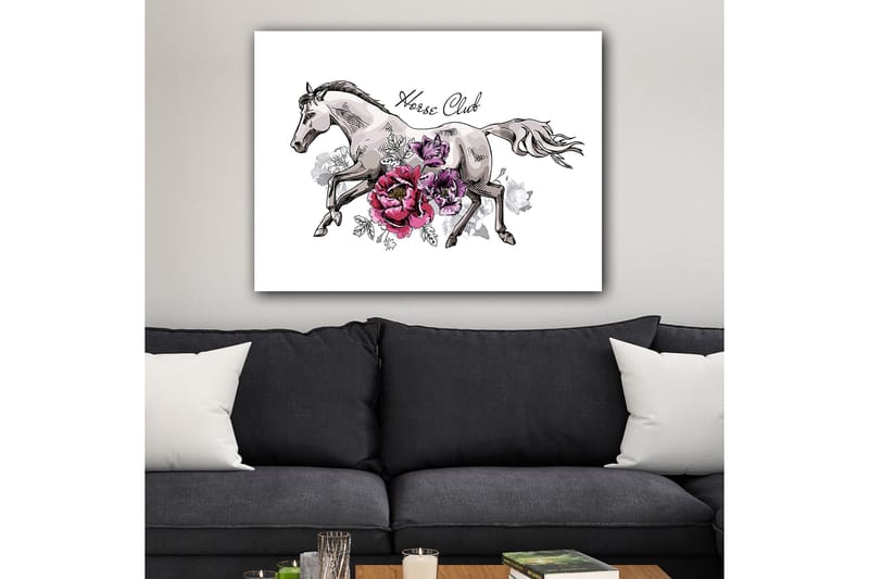 Lærred 70x100 cm - Elegant hest løber fremad omgivet af farverige blomster - Grå / Lyserød / Lilla - Boligtilbehør - Billeder & kunst - Billeder på lærred