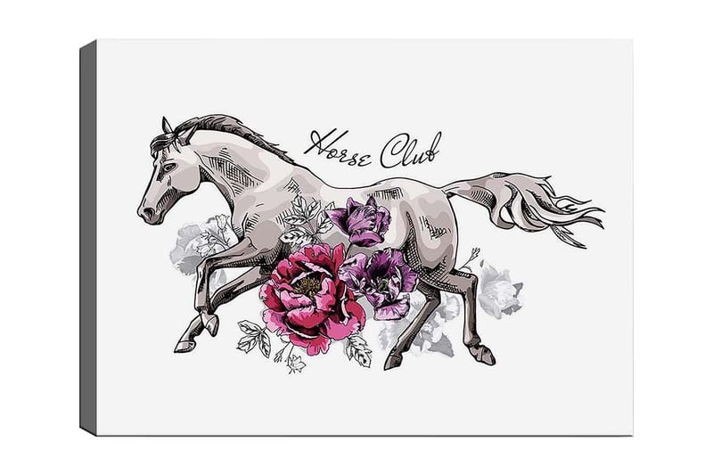 Lærred 70x100 cm - Elegant hest løber fremad omgivet af farverige blomster, Grå / Lyserød / Lilla