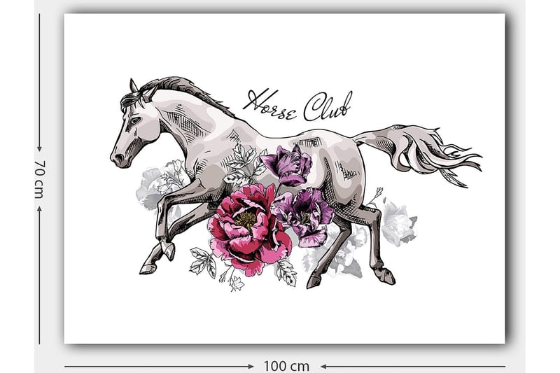 Lærred 70x100 cm - Elegant hest løber fremad omgivet af farverige blomster - Grå / Lyserød / Lilla - Boligtilbehør - Billeder & kunst - Billeder på lærred