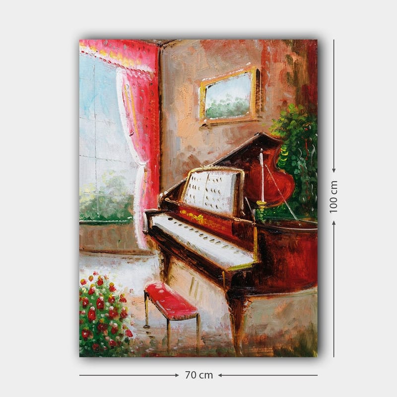 Lærred 70x100 cm - Elegant klaverhjørne med et rødt klaver og en bænk i et lyst og indbydende miljø - Rød / Grøn / Beige - Boligtilbehør - Billeder & kunst - Billeder på lærred