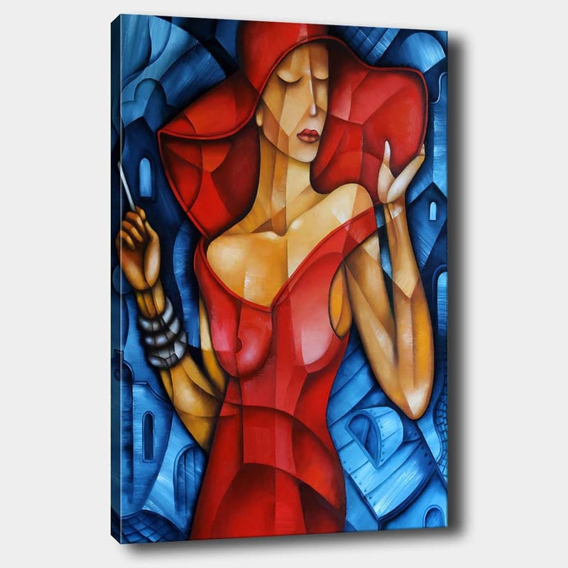 Lærred 70x100 cm - Elegant kvinde i rød kjole med stor hat, der holder en parasol i en stiliseret setting, Rød / Blå / Beige