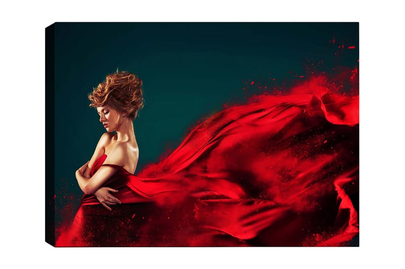 Lærred 70x100 cm - Elegant kvinde i rød kjole svæver med dramatisk bevægelse, Rød / Mørkeblå