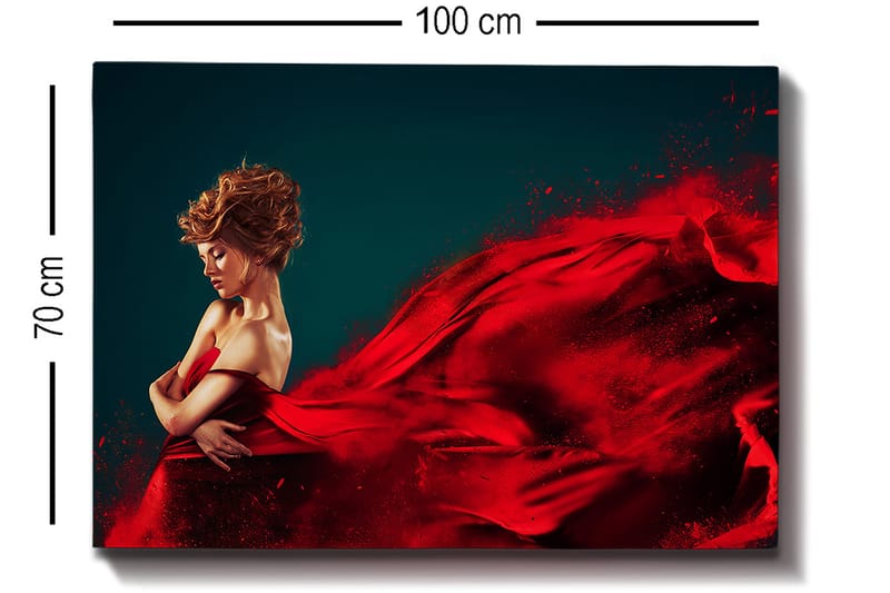 Lærred 70x100 cm - Elegant kvinde i rød kjole svæver med dramatisk bevægelse - Rød / Mørkeblå - Boligtilbehør - Billeder & kunst - Billeder på lærred