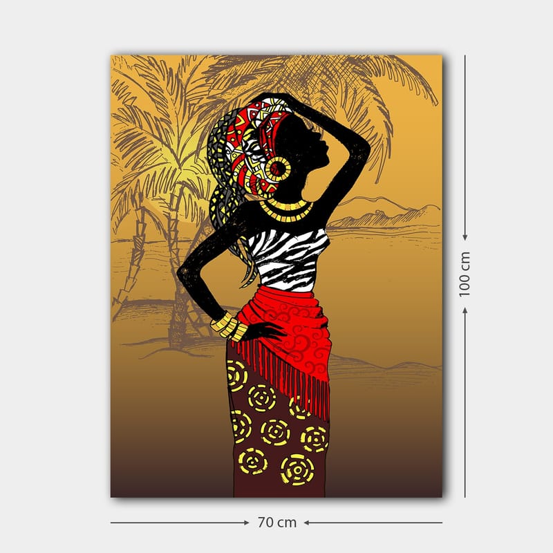 Lærred 70x100 cm - Elegant kvinde i traditionelt tøj og smykker, poserende mod en eksotisk baggrund - Sort / Rød / Gul - Boligtilbehør - Billeder & kunst - Billeder på lærred