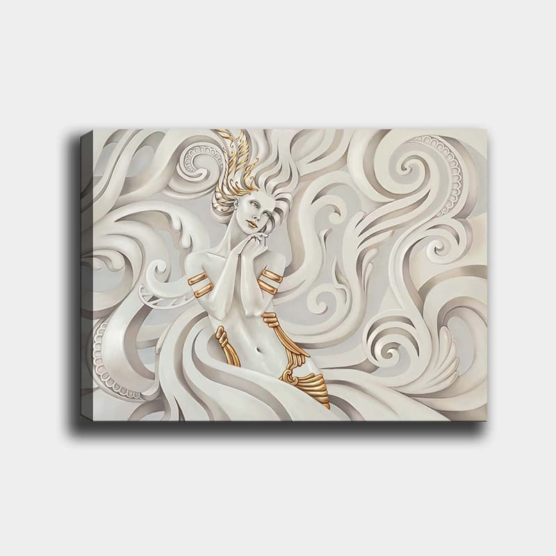 Lærred 70x100 cm - Elegant kvinde med flagrende hår omgivet af dekorative hvirvler og mønstre - Hvid / Guld / Grå - Boligtilbehør - Billeder & kunst - Billeder på lærred