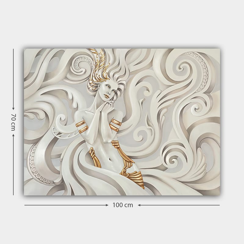 Lærred 70x100 cm - Elegant kvinde med flagrende hår omgivet af dekorative hvirvler og mønstre - Hvid / Guld / Grå - Boligtilbehør - Billeder & kunst - Billeder på lærred