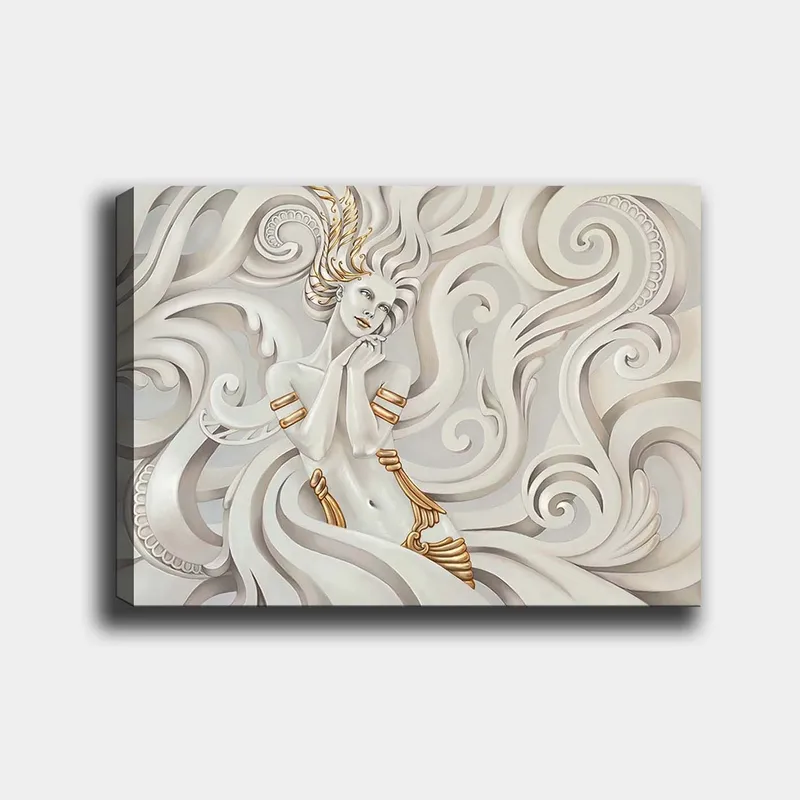 Lærred 70x100 cm - Elegant kvinde med flagrende hår omgivet af dekorative hvirvler og mønstre, Hvid / Guld / Grå