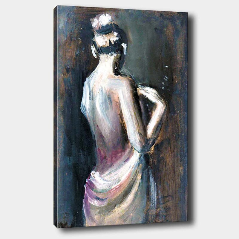 Lærred 70x100 cm - Elegant kvinde set bagfra, iført draperet kjole, Hvid / Beige / Mørkeblå