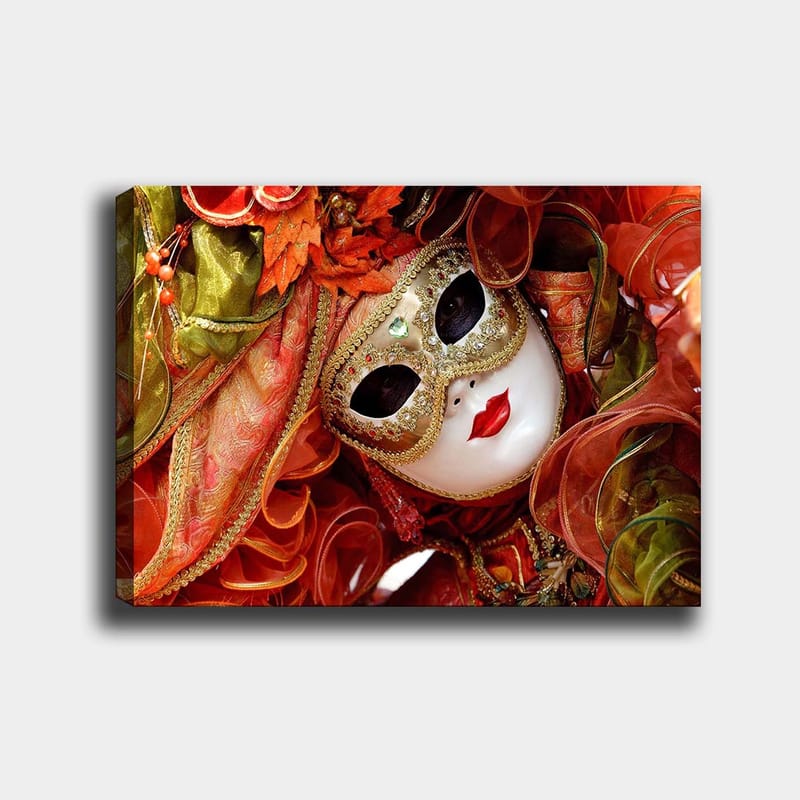 Lærred 70x100 cm - Elegant maskeradefigur med udsmykket maske og farverigt kostume, Rød / Orange / Grøn