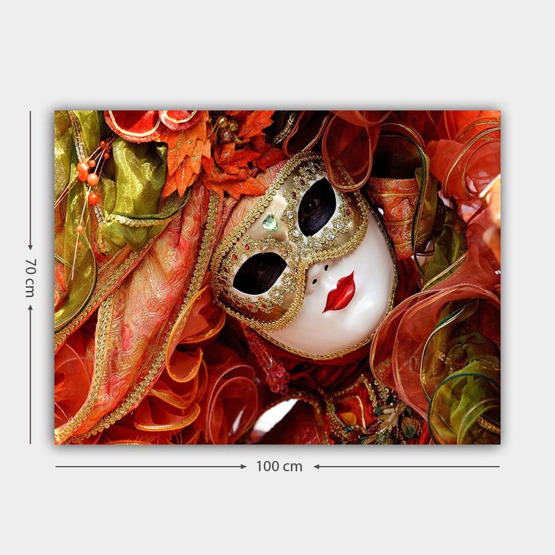 Lærred 70x100 cm - Elegant maskeradefigur med udsmykket maske og farverigt kostume - Rød / Orange / Grøn - Boligtilbehør - Billeder & kunst - Billeder på lærred