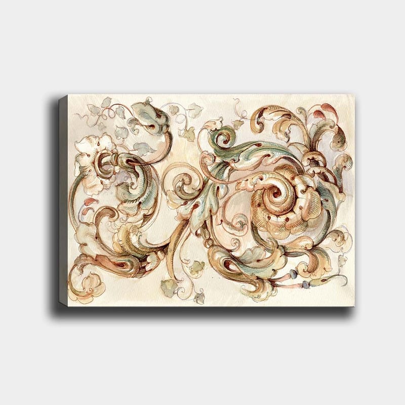 Lærred 70x100 cm - Elegant og detaljeret ornamentik med hvirvlende former og blomsterelementer, Grøn / Beige / Brun