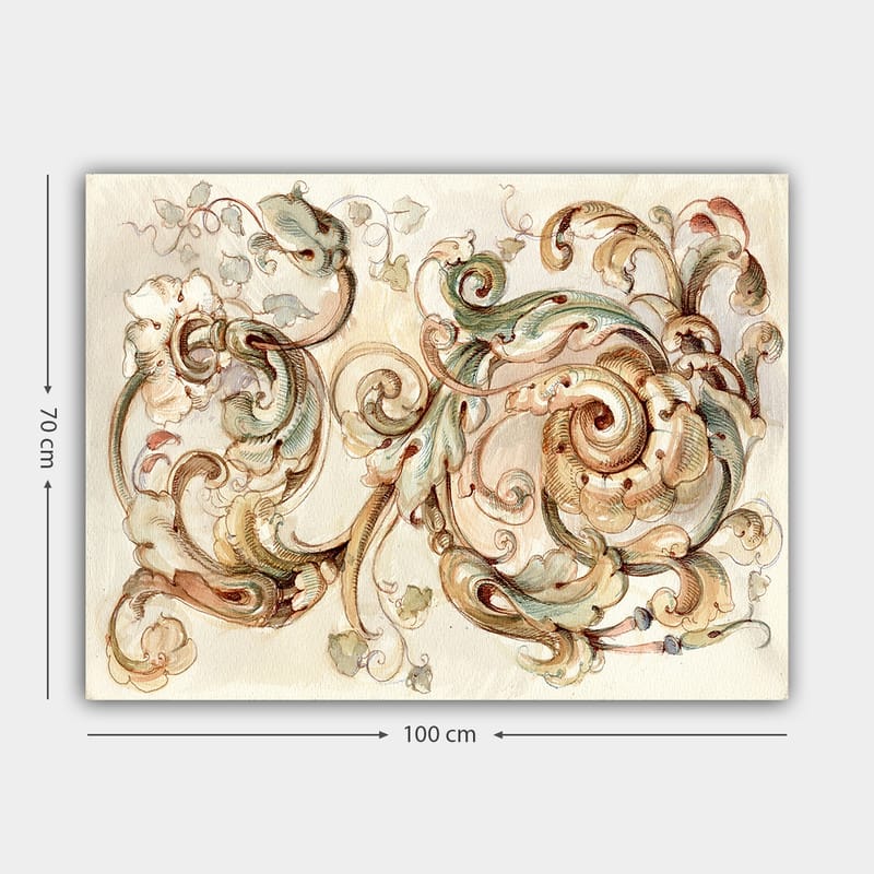 Lærred 70x100 cm - Elegant og detaljeret ornamentik med hvirvlende former og blomsterelementer - Grøn / Beige / Brun - Boligtilbehør - Billeder & kunst - Billeder på lærred