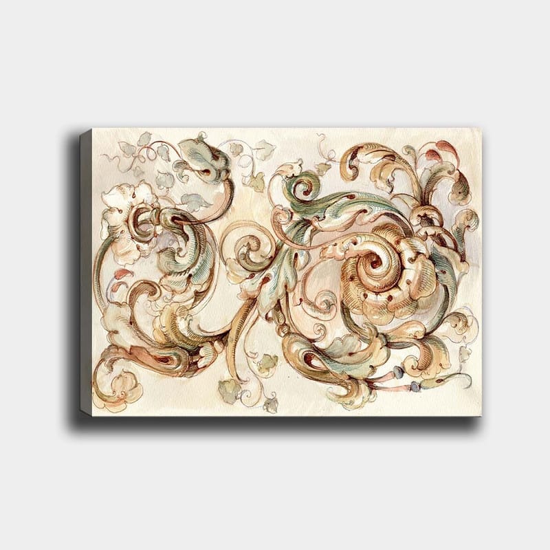 Lærred 70x100 cm - Elegant og detaljeret ornamentik med hvirvlende former og blomsterelementer, Grøn / Beige / Brun