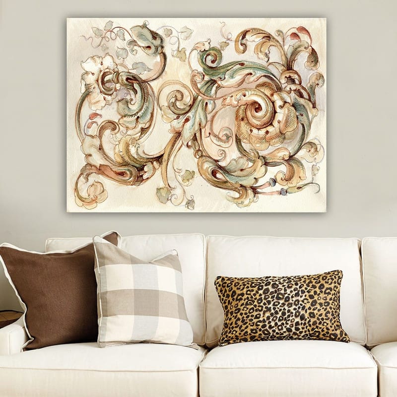 Lærred 70x100 cm - Elegant og detaljeret ornamentik med hvirvlende former og blomsterelementer - Grøn / Beige / Brun - Boligtilbehør - Billeder & kunst - Billeder på lærred