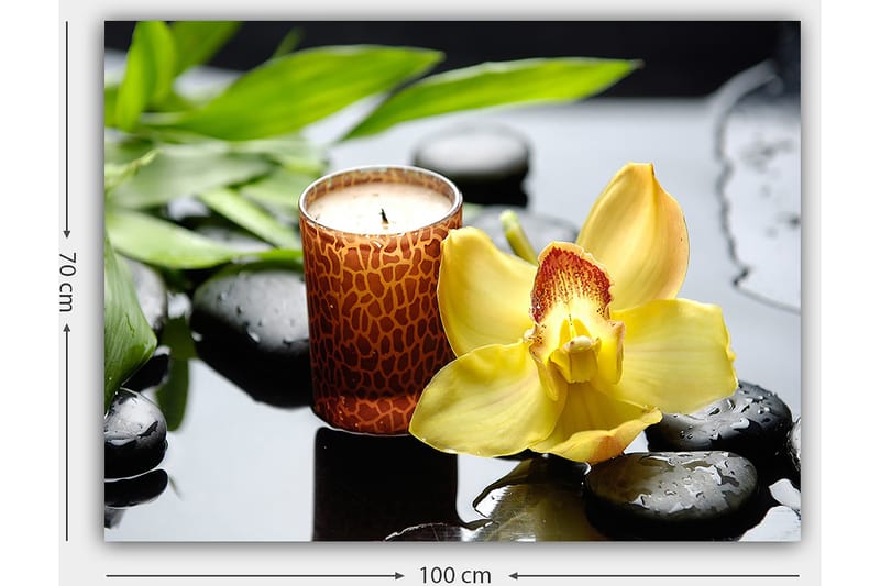 Lærred 70x100 cm - Elegant orkidéblomst i gul med duftlys og sorte sten i en harmonisk komposition - Gul / Sort / Grøn - Boligtilbehør - Billeder & kunst - Billeder på lærred