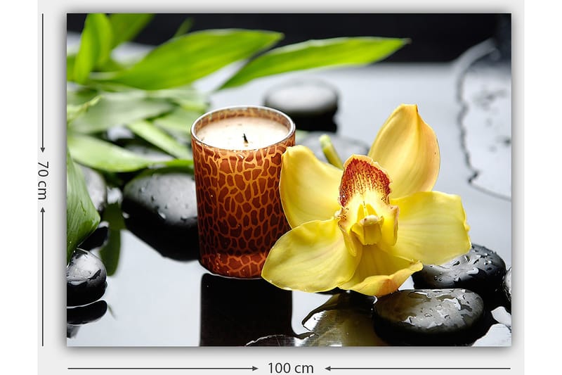 Lærred 70x100 cm - Elegant orkidéblomst i gul med duftlys og sorte sten i en harmonisk komposition - Gul / Sort / Grøn - Boligtilbehør - Billeder & kunst - Billeder på lærred
