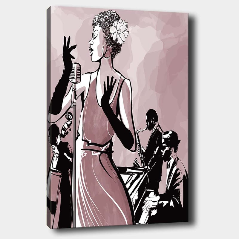 Lærred 70x100 cm - Elegant sanger i fokus, omgivet af musikere, der skaber en jazzet atmosfære, Mørk pink / Sort / Hvid
