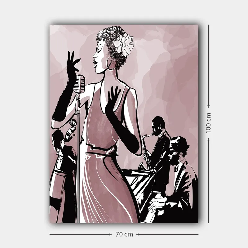 Lærred 70x100 cm - Elegant sanger i fokus, omgivet af musikere, der skaber en jazzet atmosfære - Mørk pink / Sort / Hvid - Boligtilbehør - Billeder & kunst - Billeder på lærred