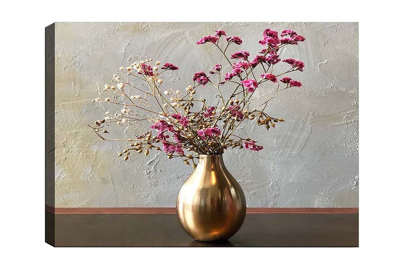 Lærred 70x100 cm - Elegant vase med tørrede blomster i lyserøde og beige nuancer, Guld / Pink / Beige