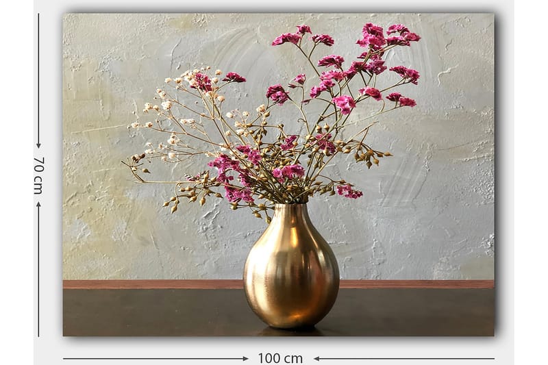 Lærred 70x100 cm - Elegant vase med tørrede blomster i lyserøde og beige nuancer - Guld / Pink / Beige - Boligtilbehør - Billeder & kunst - Billeder på lærred