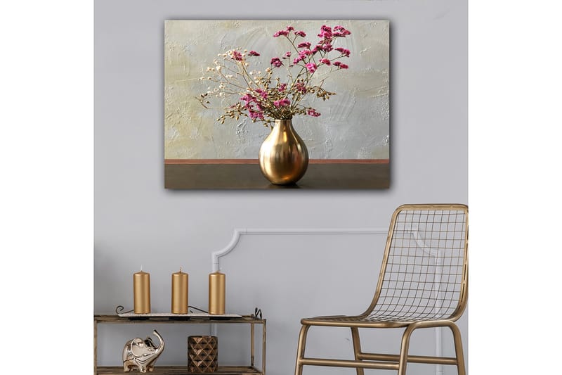 Lærred 70x100 cm - Elegant vase med tørrede blomster i lyserøde og beige nuancer - Guld / Pink / Beige - Boligtilbehør - Billeder & kunst - Billeder på lærred