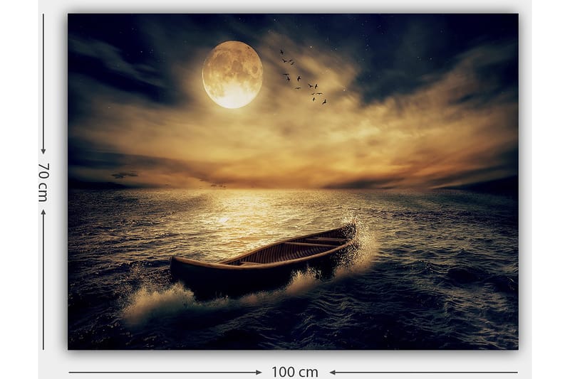 Lærred 70x100 cm - En ensom båd glider hen over en spejlblank sø under en stor, lysende måne - Mørkeblå / Gylden / Grå - Boligtilbehør - Billeder & kunst - Billeder på lærred