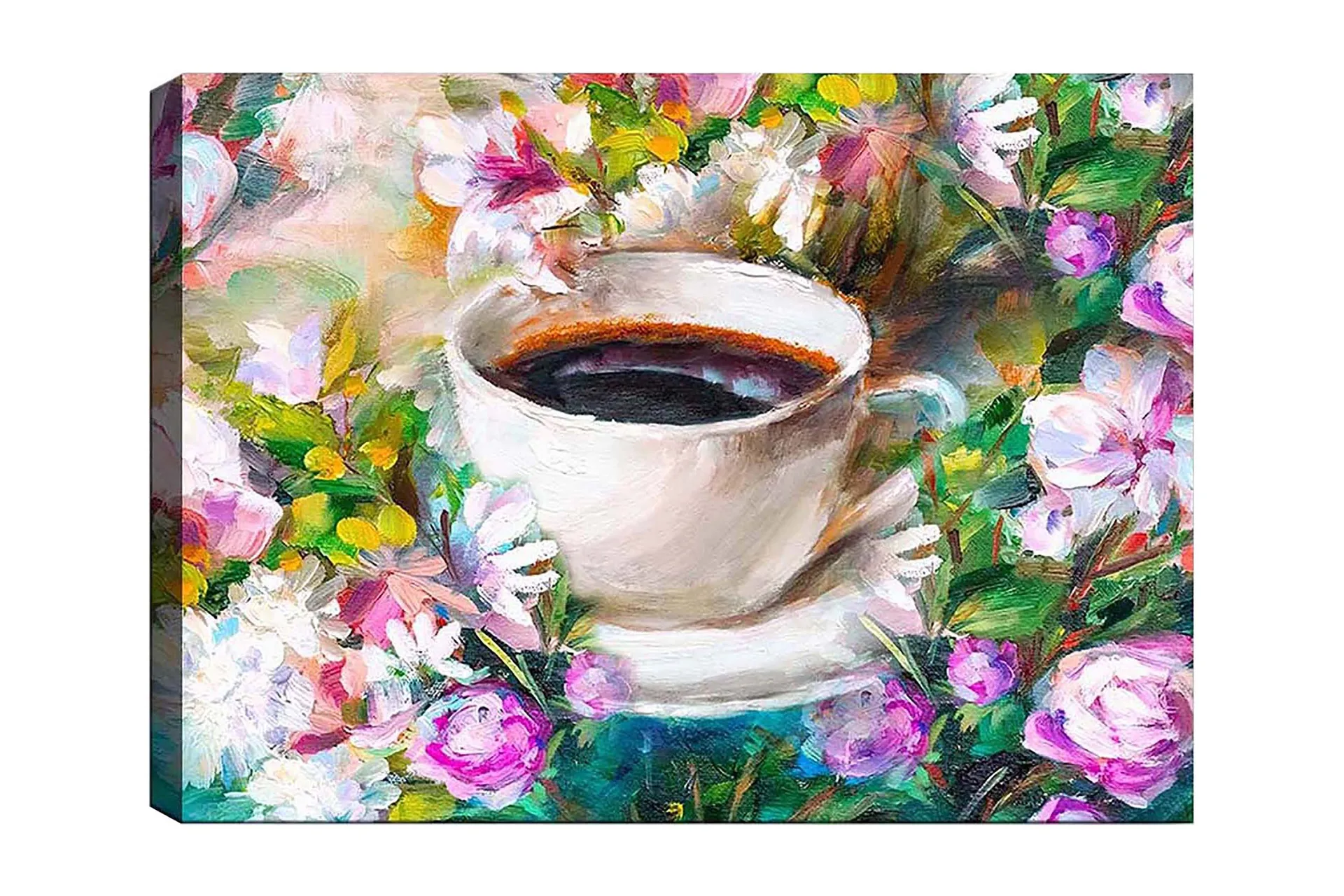 Lærred 70x100 cm - En kop kaffe omgivet af farverige blomster Hvid ...