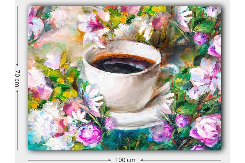 Lærred 70x100 cm - En kop kaffe omgivet af farverige blomster - Hvid / Grøn / Lyserød - Boligtilbehør - Billeder & kunst - Billeder på lærred