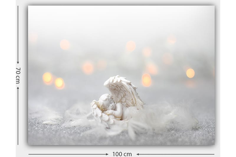 Lærred 70x100 cm - Engel hviler på en blød overflade, omgivet af lyse og drømmeagtige elementer - Hvid / Lysegrå - Boligtilbehør - Billeder & kunst - Billeder på lærred