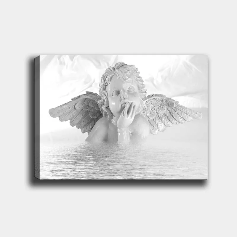 Lærred 70x100 cm - Engel med en eftertænksom positur delvist nedsænket i vand, Hvid / Lysegrå