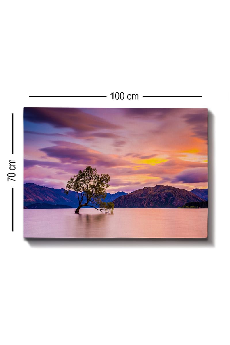 Lærred 70x100 cm - Ensom træstamme i en spejlblank sø med fjerne bjerge i baggrunden under en farverig himmel ved solnedgang - Lilla / Grøn / Orange - Boligtilbehør - Billeder & kunst - Billeder på lærred