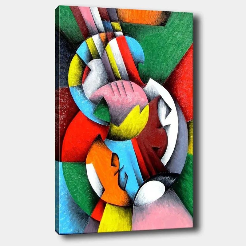 Lærred 70x100 cm - Et abstrakt kunstværk med en violin som hovedmotiv, omgivet af farverige geometriske former, Rød / Grøn / Blå