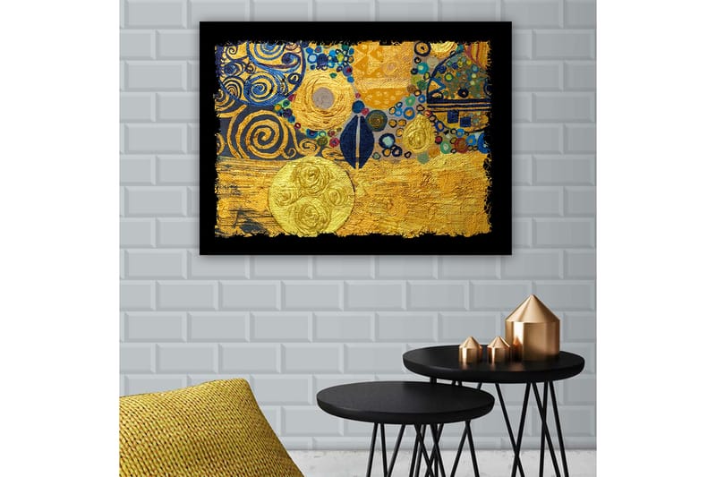 Lærred 70x100 cm - Et abstrakt kunstværk med gyldne cirkler og sorte spiraler, der skaber en dynamisk komposition, Guld / Blå / Sort