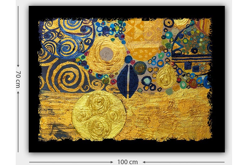 Lærred 70x100 cm - Et abstrakt kunstværk med gyldne cirkler og sorte spiraler, der skaber en dynamisk komposition - Guld / Blå / Sort - Boligtilbehør - Billeder & kunst - Billeder på lærred