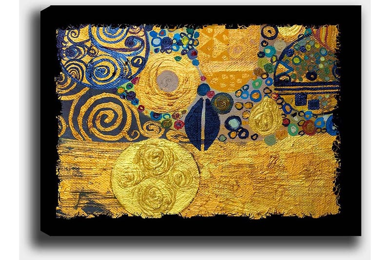 Lærred 70x100 cm - Et abstrakt kunstværk med gyldne cirkler og sorte spiraler, der skaber en dynamisk komposition - Guld / Blå / Sort - Boligtilbehør - Billeder & kunst - Billeder på lærred