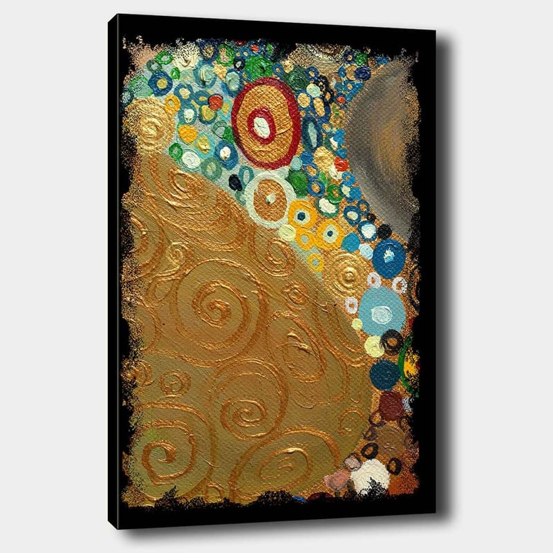 Lærred 70x100 cm - Et abstrakt kunstværk med gyldne spiraler og farverige cirkler, Guld / Blå / Grøn