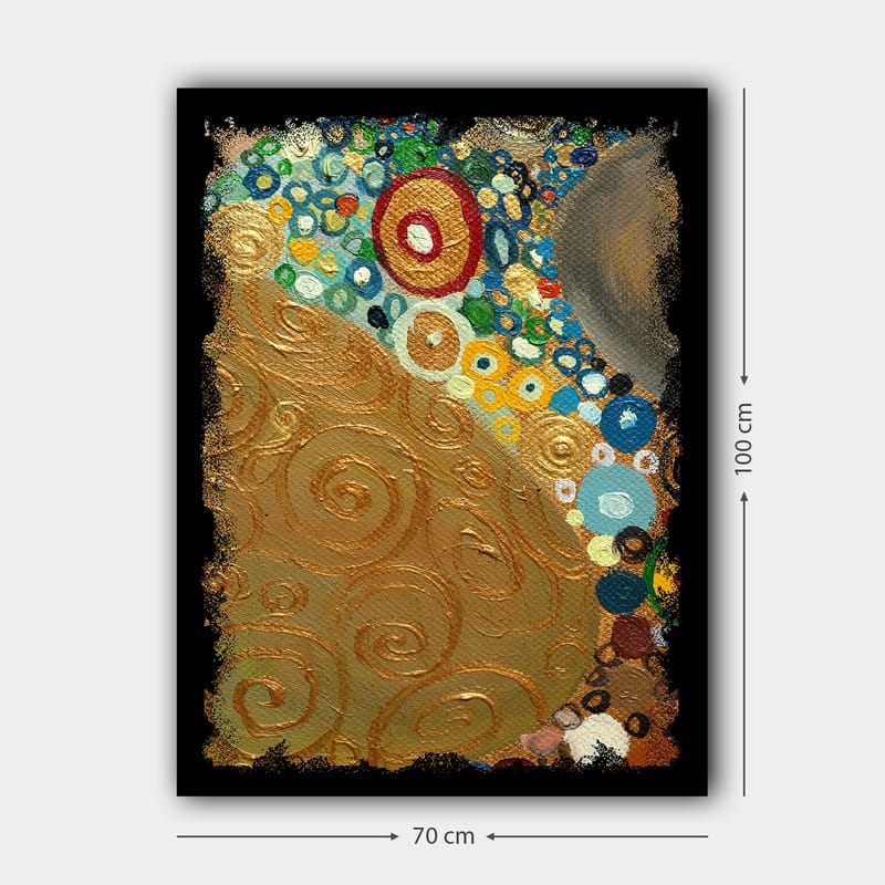 Lærred 70x100 cm - Et abstrakt kunstværk med gyldne spiraler og farverige cirkler - Guld / Blå / Grøn - Boligtilbehør - Billeder & kunst - Billeder på lærred