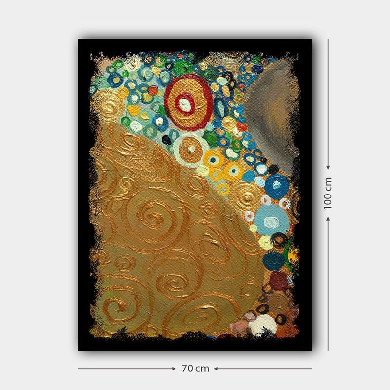 Lærred 70x100 cm - Et abstrakt kunstværk med gyldne spiraler og farverige cirkler - Guld / Blå / Grøn - Boligtilbehør - Billeder & kunst - Billeder på lærred