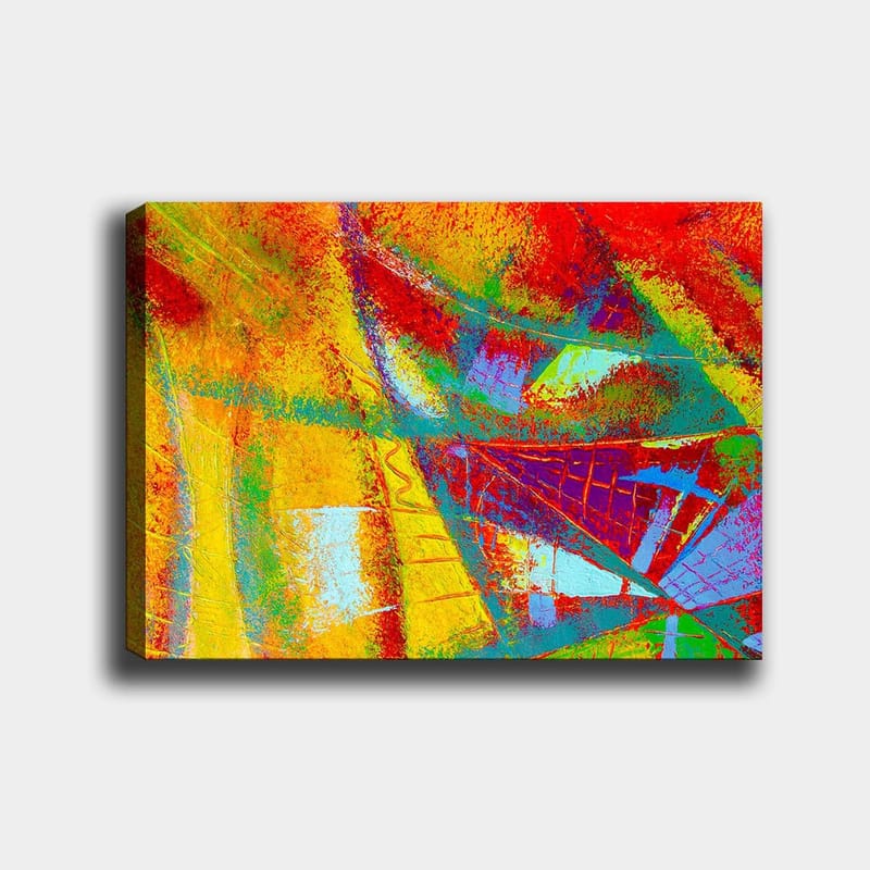 Lærred 70x100 cm - Et abstrakt kunstværk med levende farver og dynamiske former, der skaber en følelse af bevægelse, Rød / Gul / Blå