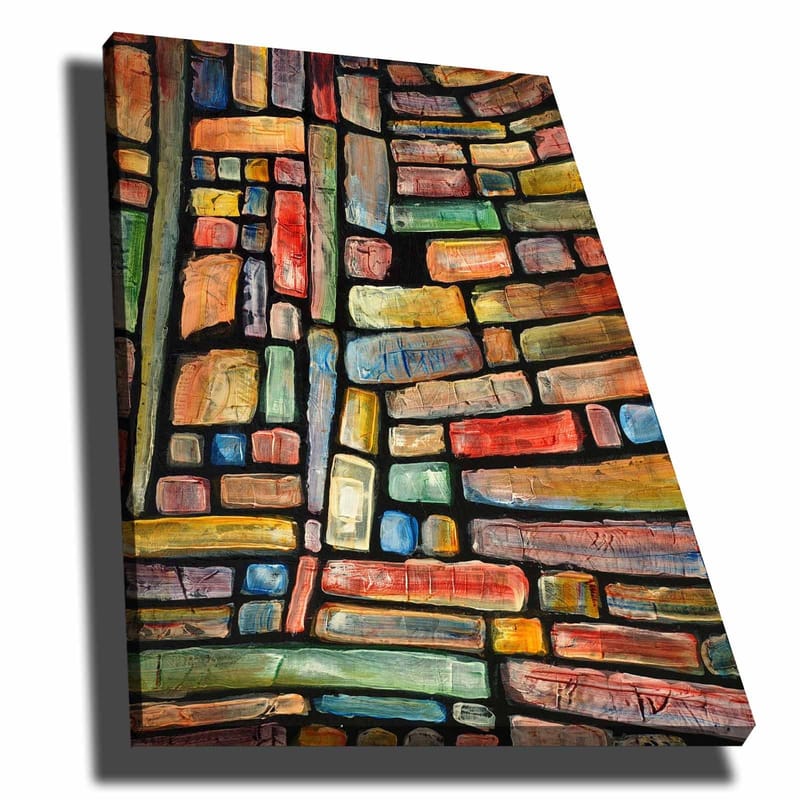 Lærred 70x100 cm - Et abstrakt mønster af farverige blokke, der skaber en følelse af dybde og struktur, Rød / Grøn / Blå