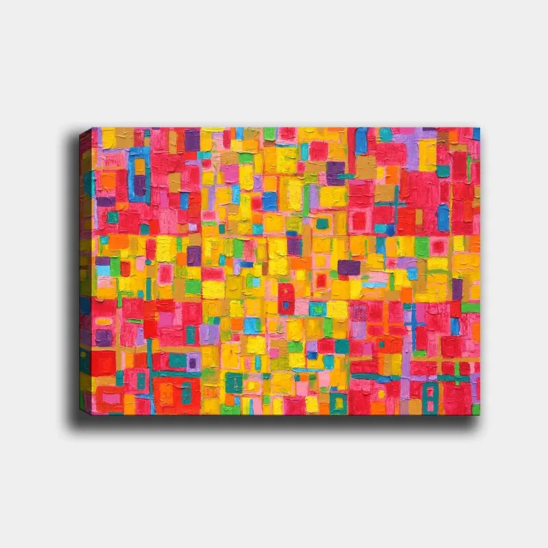 Lærred 70x100 cm - Et farverigt abstrakt mønster med firkantede former, der skaber en livlig og energisk følelse, Rød / Gul / Grøn
