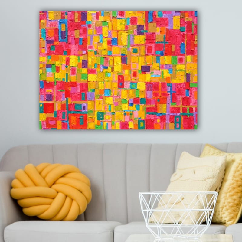 Lærred 70x100 cm - Et farverigt abstrakt mønster med firkantede former, der skaber en livlig og energisk følelse - Rød / Gul / Grøn - Boligtilbehør - Billeder & kunst - Billeder på lærred