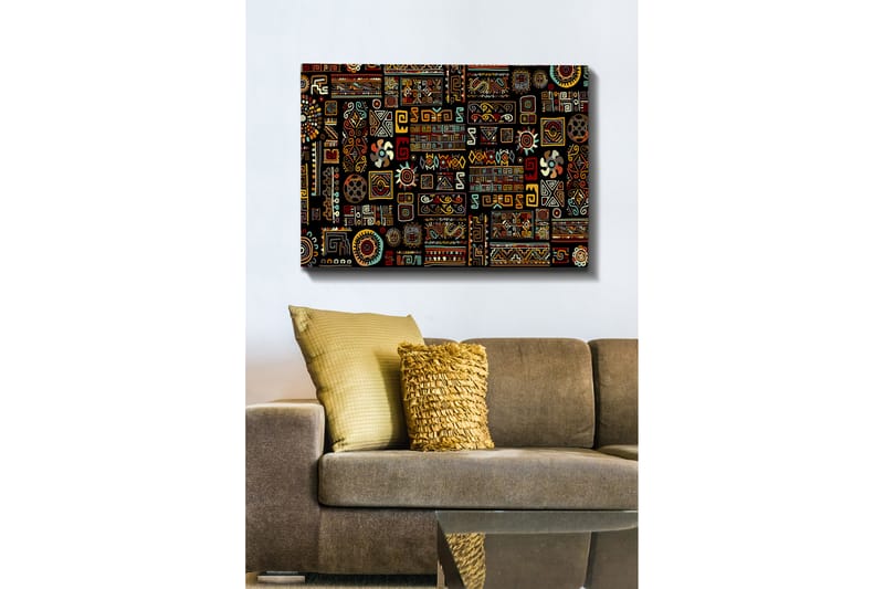Lærred 70x100 cm - Et farverigt geometrisk mønster med symbolske elementer, Sort / Rød / Gul