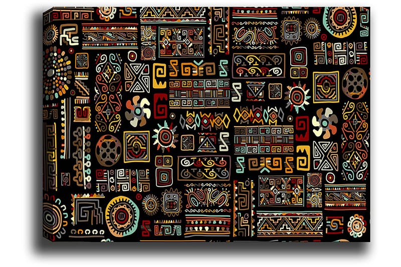 Lærred 70x100 cm - Et farverigt geometrisk mønster med symbolske elementer - Sort / Rød / Gul - Boligtilbehør - Billeder & kunst - Billeder på lærred