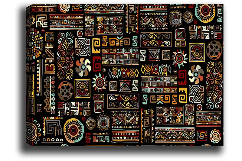 Lærred 70x100 cm - Et farverigt geometrisk mønster med symbolske elementer - Sort / Rød / Gul - Boligtilbehør - Billeder & kunst - Billeder på lærred